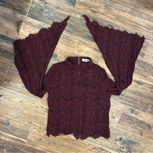 DO+BE Burgundy Lace Bell Sleeve Blouse – Size M | Boho / Y2K Inspired